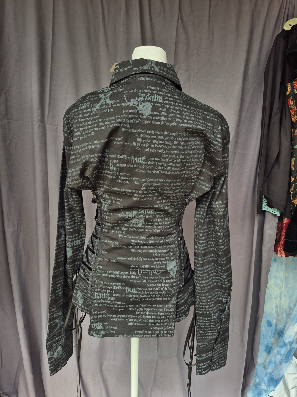 Vintage Lip Service "Morbid Curiosity" skull button-down, Lace Up corset top. - Picture 5 of 15